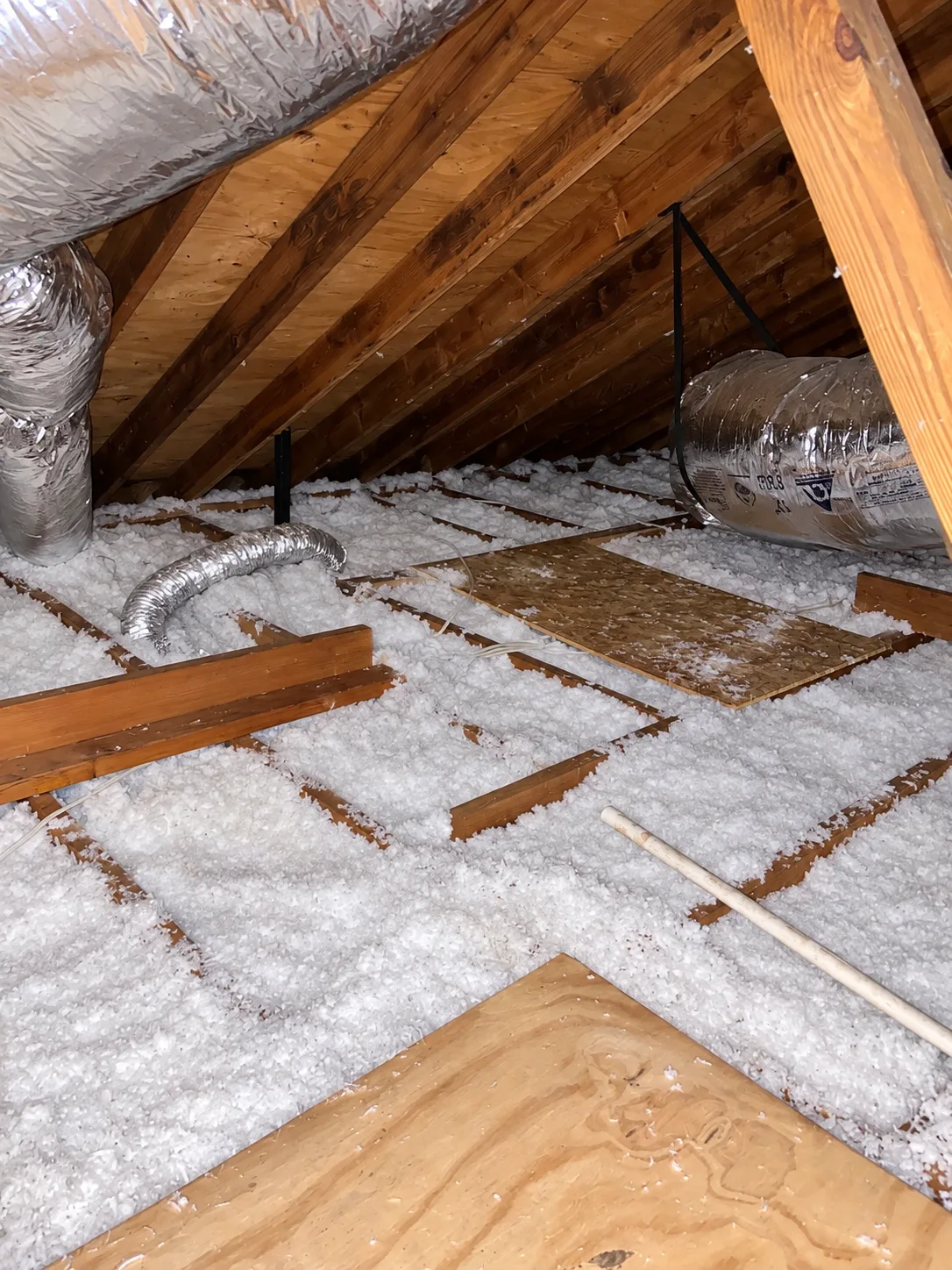 Attic insulation, ductwork and walk boards